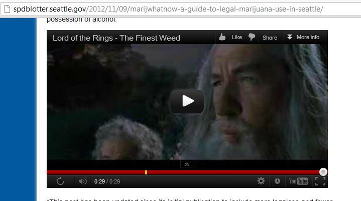 Embedded video from "The Lord of the Rings," appearing on Seattle Police Blotter legal marijuana guide page.