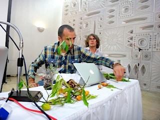 Yann Guignon and Jean-Nicolas Denarie with several varieties of iboga fruit (Sarita Wilkins)