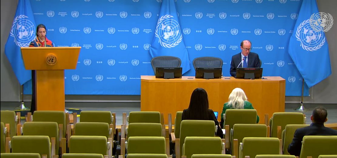 Ben Saul seated at the press conference table at United Nations headquarters.
