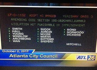 It was a 15-0 vote for marijuana decriminalization in the Atlanta city council chambers Monday.