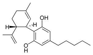 Cannabidiol, one of the two major compounds in Sativex (courtesy Cacycle, wikimedia.org)