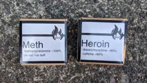 Lab-tested meth and heroin packets sold at cost by Vancouver's Drug Users Libertation Front (DULF).