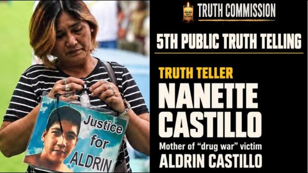 Nanette Castillo holds a portrait of her son Aldrin in the Philippine Truth Commission public truth-telling poster.